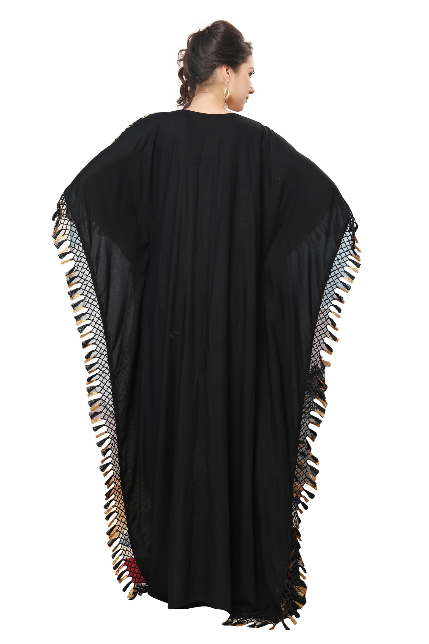 Designer Caftan Black Rayon Gown with Tassels - Maxim Creation