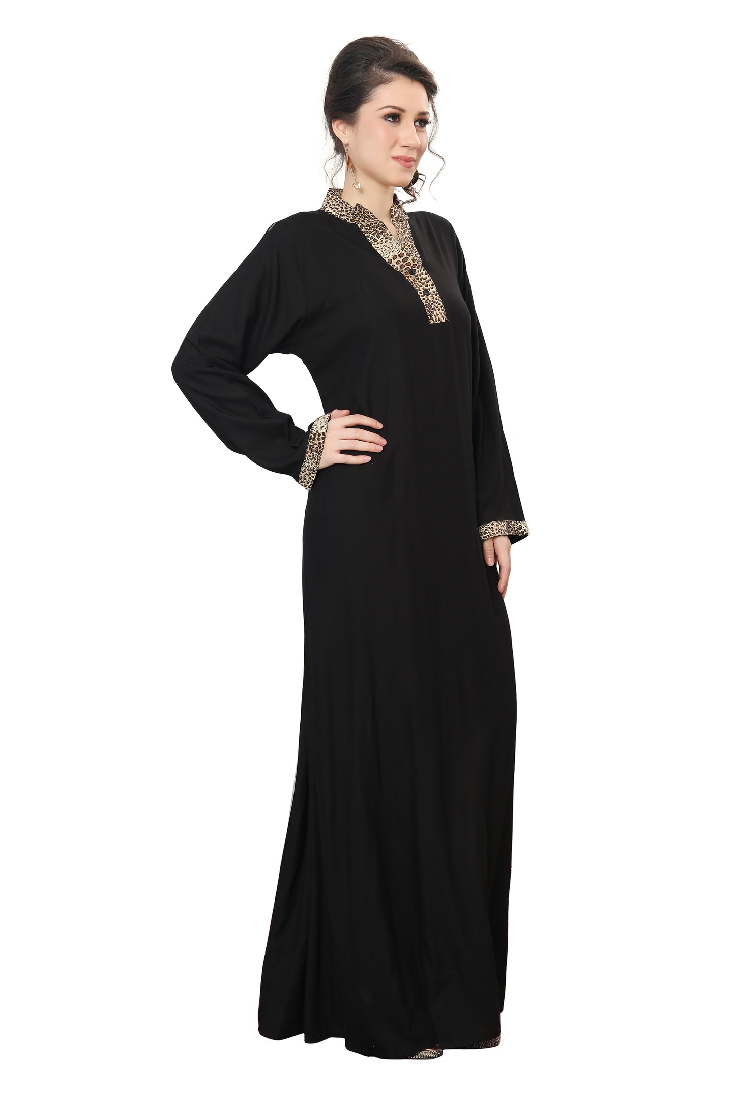 Black Mul Tiered Maxi Dress with Leopord Print Collar - Maxim Creation