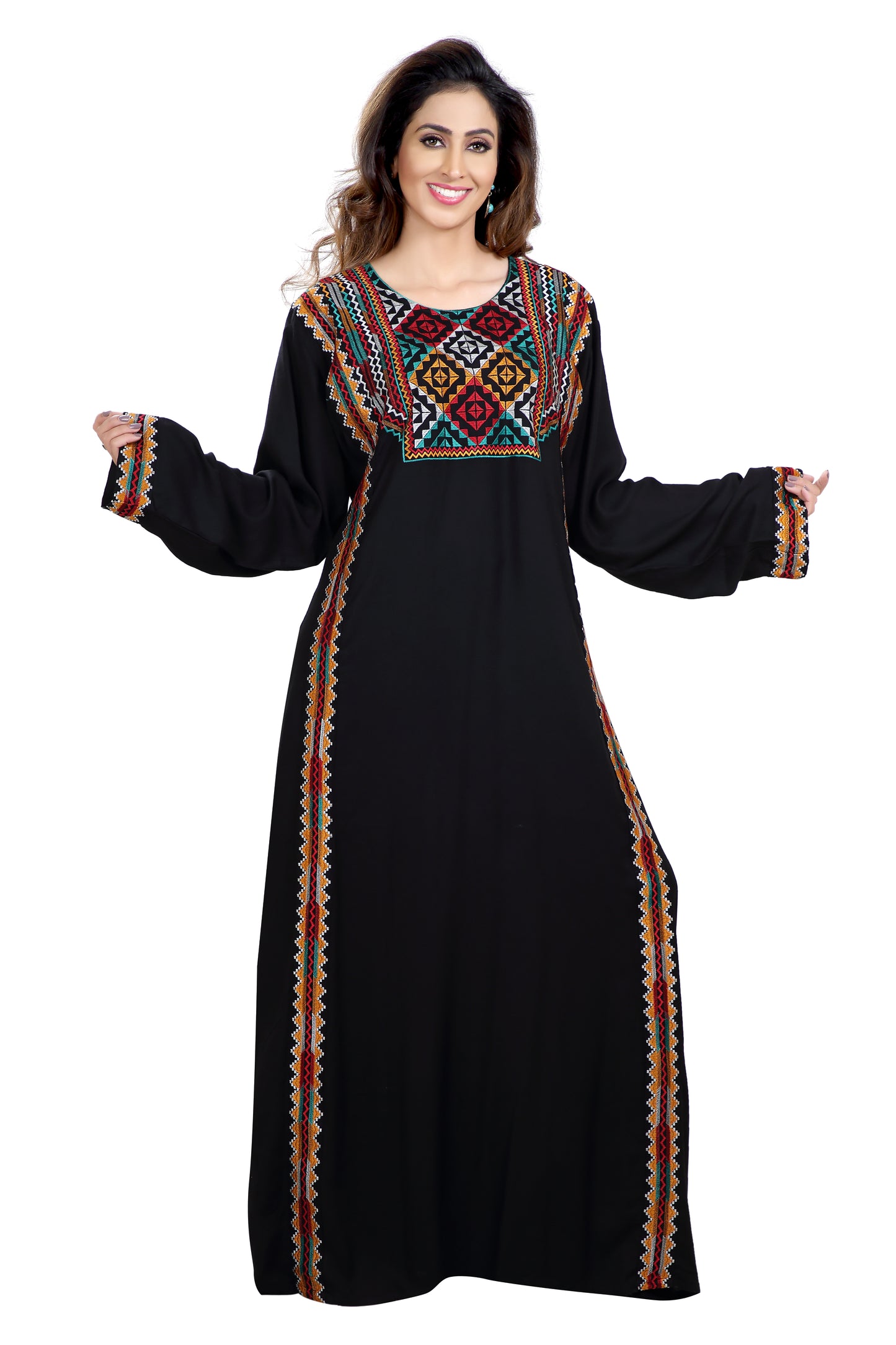 Multicoloured Cross-Stitch Threadwork Embroidery Kaftan - Maxim Creation