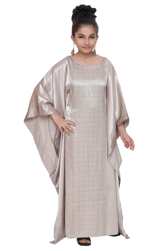 Beige Satin Maxi Dress For Kids - Maxim Creation