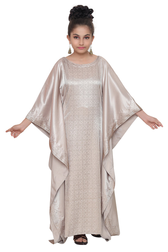 Beige Satin Maxi Dress For Kids - Maxim Creation