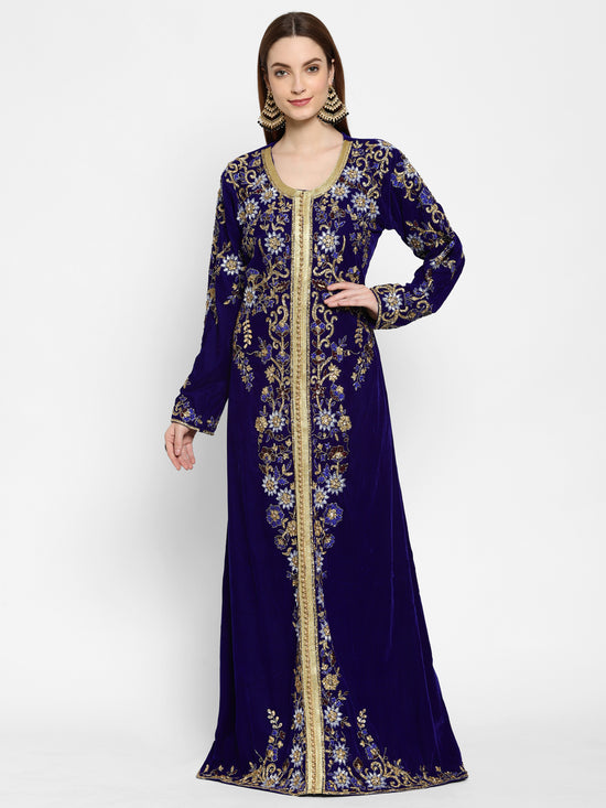 Designer Kaftan Bridal Gown in Royal Blue Velvet - Maxim Creation