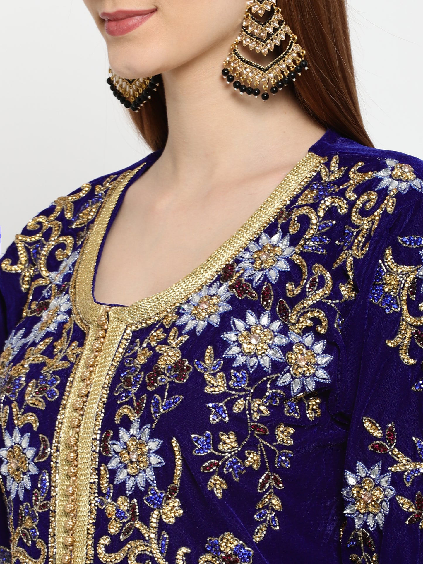 Designer Kaftan Bridal Gown in Royal Blue Velvet - Maxim Creation