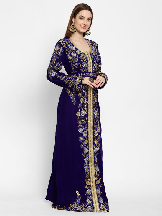 Designer Kaftan Bridal Gown in Royal Blue Velvet - Maxim Creation