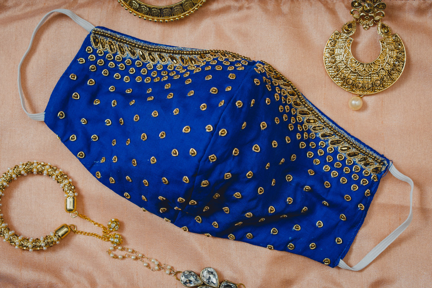 Gold Embroidery on Royal Blue Cotton Mask - Maxim Creation