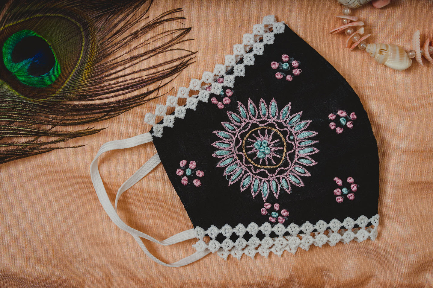 Black Coloured Cotton Face Mask with Lace and Sun Flowered Embroidery - Maxim Creation