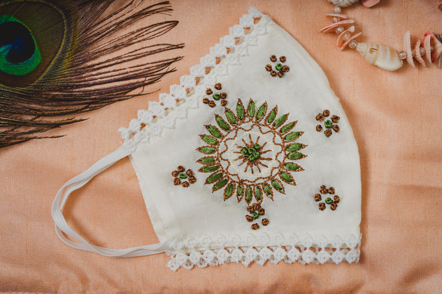 Cream Cotton Lace Face Mask with Sun Flower Embroidery - Maxim Creation