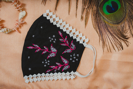 Black Coloured Cotton Lace Face Mask with Floral Thread Embroidery - Maxim Creation