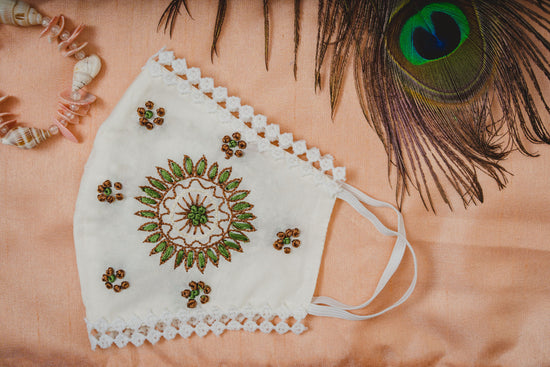 Cream Cotton Lace Face Mask with Sun Flower Embroidery - Maxim Creation