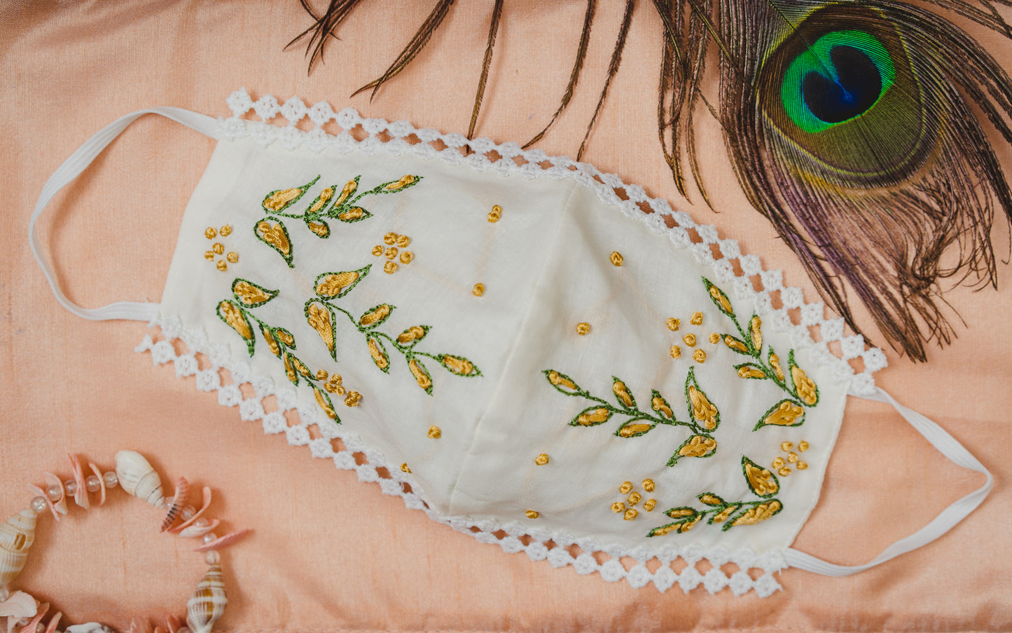 Cream Coloured Cotton Lace Face Mask with Floral Thread Embroidery - Maxim Creation