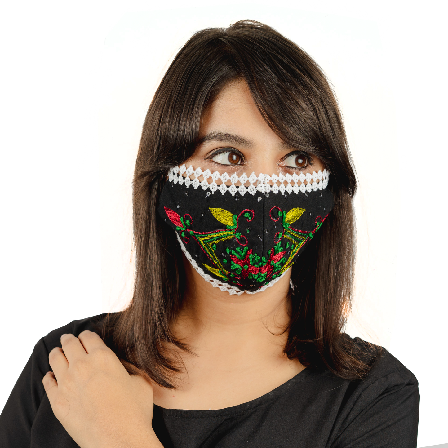 Cotton Lace Face Mask with Floral Thread Embroidery (Pack of 1 set in 4 Different Styles) - Maxim Creation