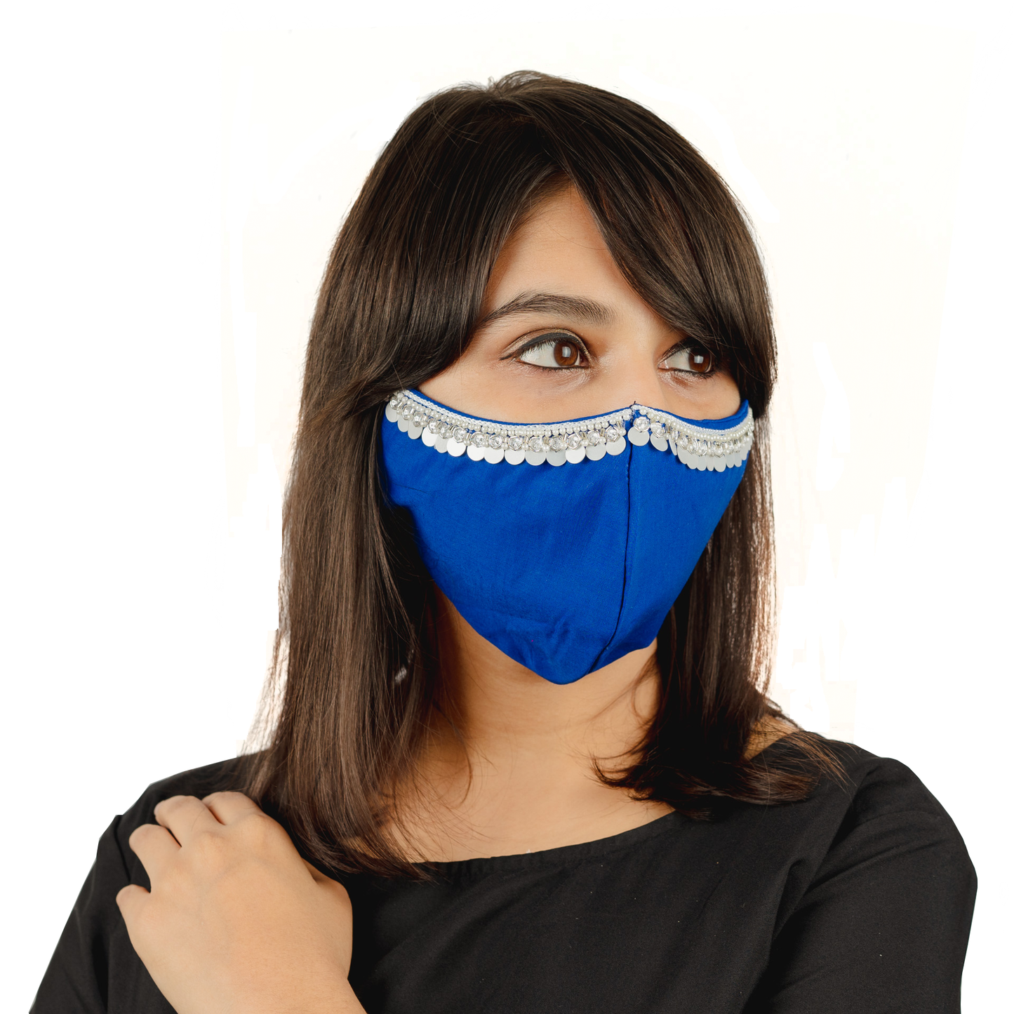 Hanging Tassel Embroidery on Royal Blue Cotton Face Mask - Maxim Creation