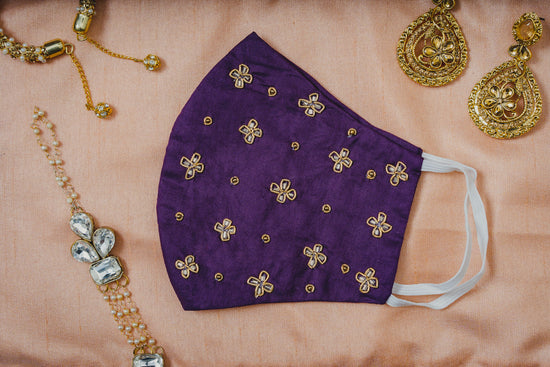 Purple Colour Cotton Mask with Floral Embroidery - Maxim Creation