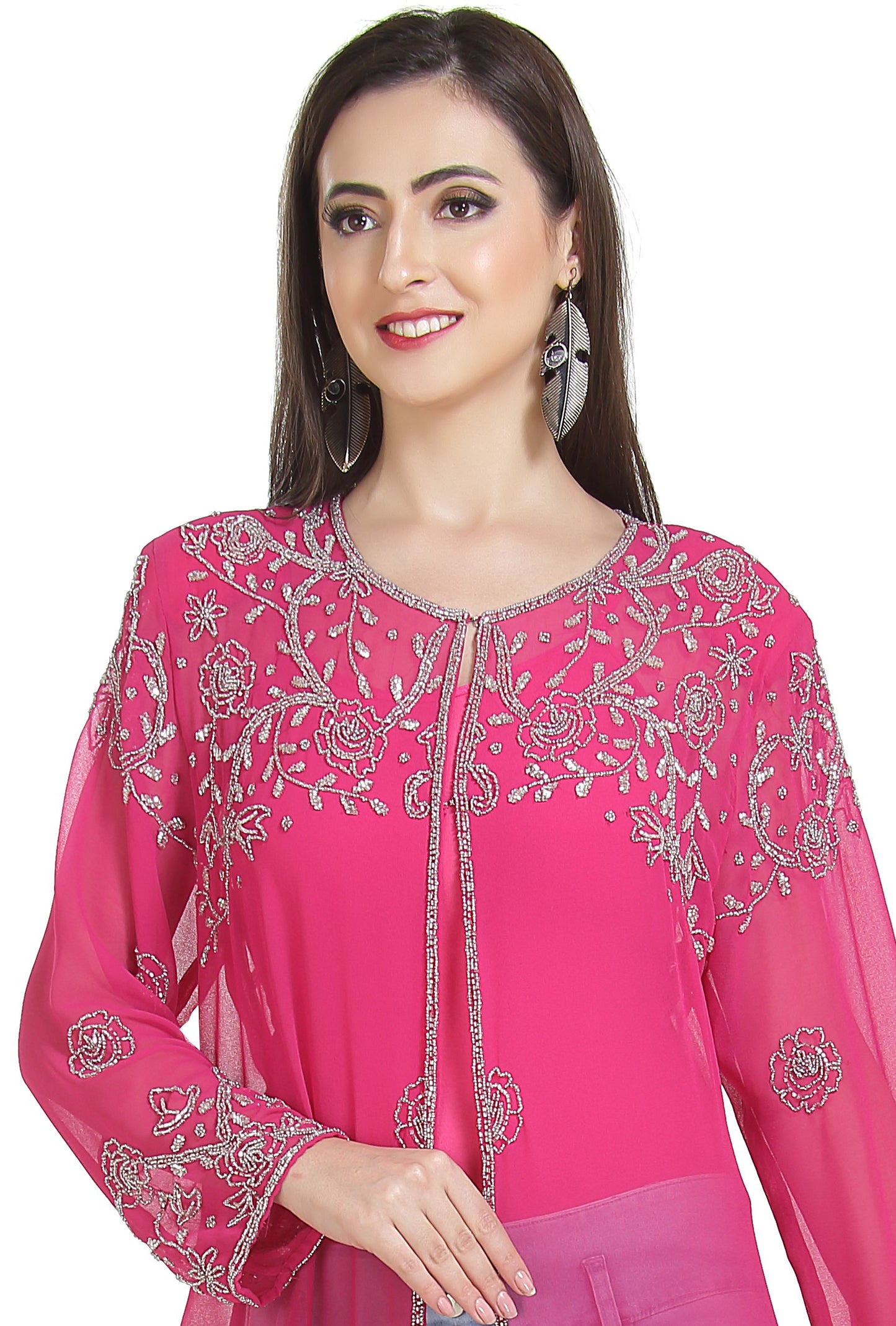 Embroidered Kurti With Crystal Overcoat Long Maxi Dress - Maxim Creation