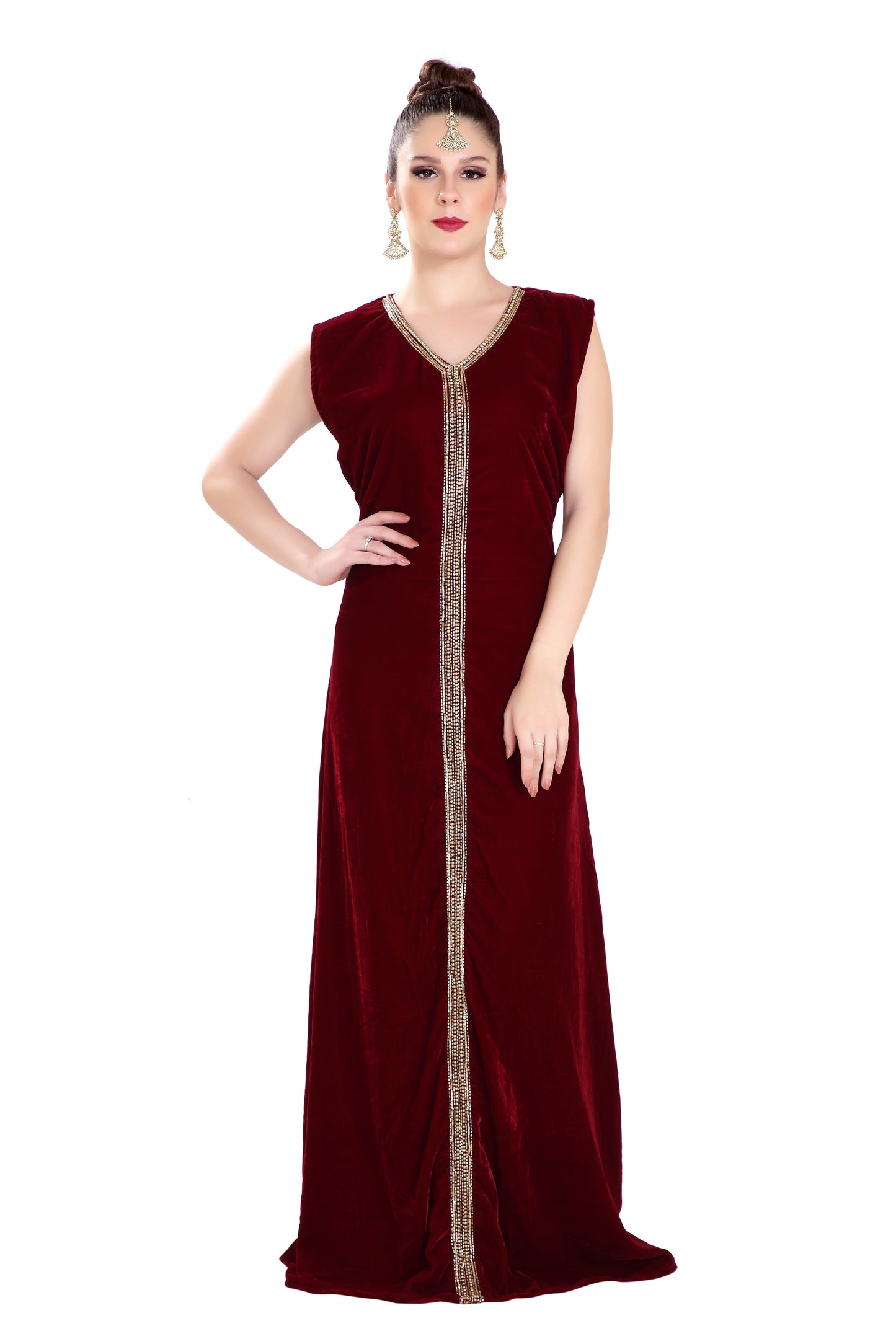 Embroidered Maxi in Maroon Velvet Fabric - Maxim Creation