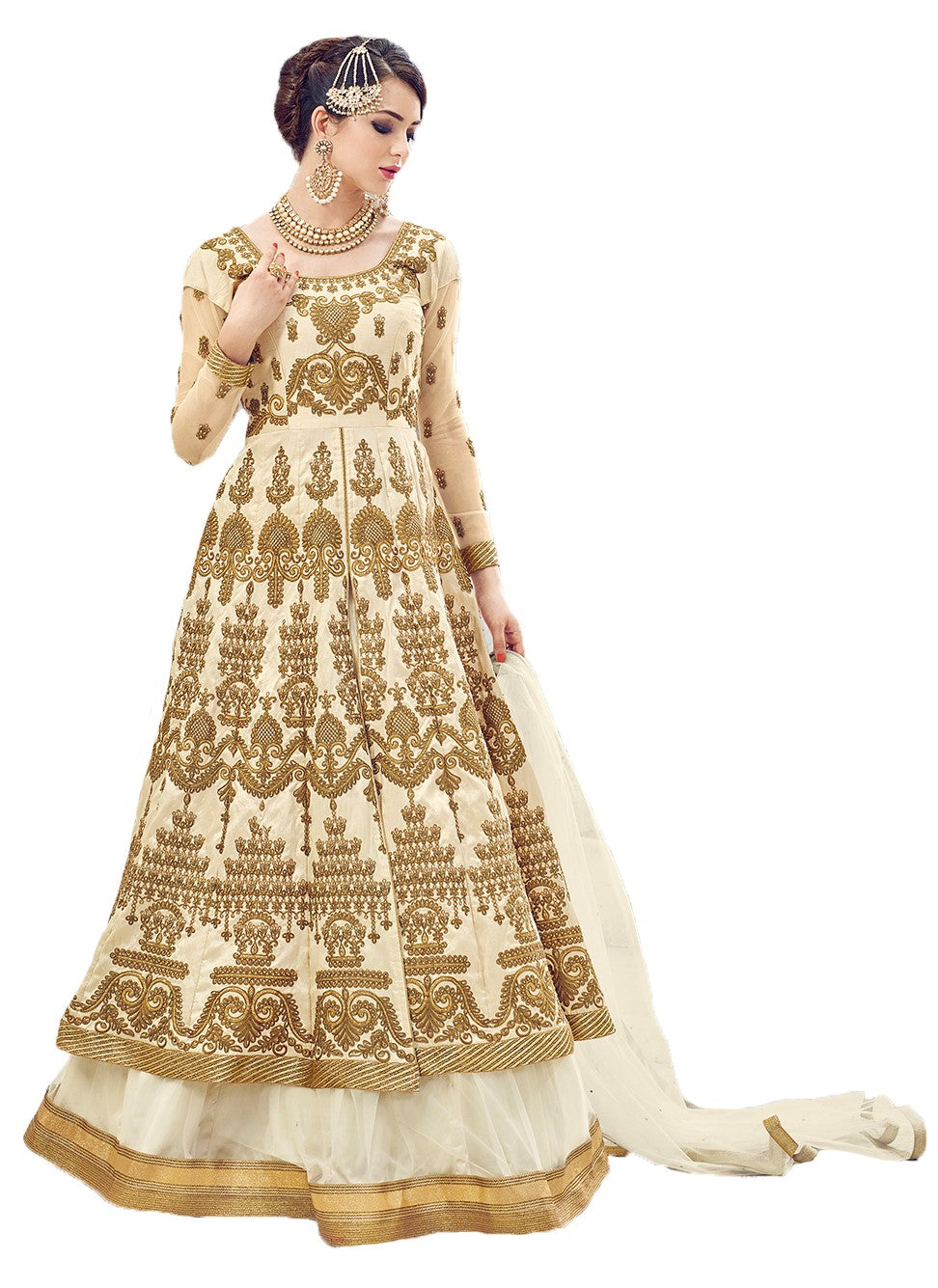 Embroidered Ball Gown in Cream Full Work Sharara 207 - Maxim Creation